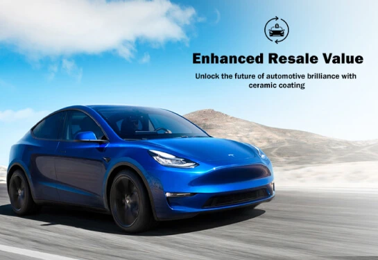 A vibrant blue Tesla Model Y is driving through a scenic desert landscape under a bright sky. Above the car, bold black text reads "Enhanced Resale Value" with a small car icon, followed by the tagline "Unlock the future of automotive brilliance with ceramic coating.