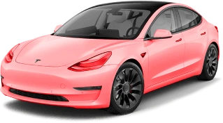 A Tesla Model 3 wrapped in a vibrant pink color with black accents, including dark alloy wheels and a black roof. The car's sleek design and glossy finish give it a bold, customized appearance.