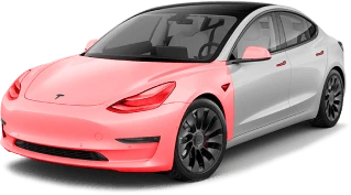 A Tesla Model 3 partially wrapped in a vibrant pink color, with the front half covered while the rear half remains in its original silver. The car features black alloy wheels and a black roof, highlighting the transition between the wrap and the original paint.