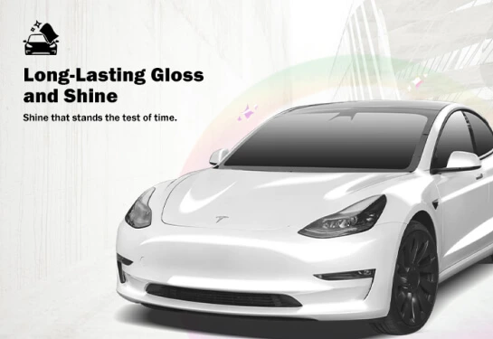 A glossy white Tesla Model 3 with black wheels and tinted windows is showcased against a sleek, modern background. Above the car, bold black text reads "Long-Lasting Gloss and Shine," followed by the tagline "Shine that stands the test of time," emphasizing durability and aesthetics.