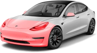 A Tesla Model 3 partially wrapped in pink, with the front bumper, side mirrors, and part of the hood covered while the rest remains silver. The car features black alloy wheels and a black roof, showcasing a transition in the wrapping process.