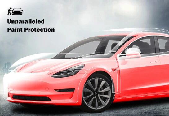 A Tesla Model 3 with a highlighted red overlay demonstrating the application of paint protection film (PPF). The transparent outline emphasizes the protective layer covering the car. Above, bold black text reads "Unparalleled Paint Protection," with a small car icon symbolizing vehicle care.