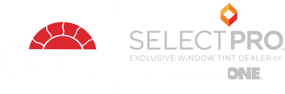 Llumar and SelectPro logo featuring the red Llumar sun emblem on the left and the SelectPro branding on the right. The text states "Exclusive Window Tint Dealer of FormulaOne," highlighting its premium automotive tinting services.