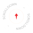 A circular "Scroll Down" button with a red upward-pointing arrow in the center. The words "SCROLL DOWN" are repeated around the outer edge in a light gray font.