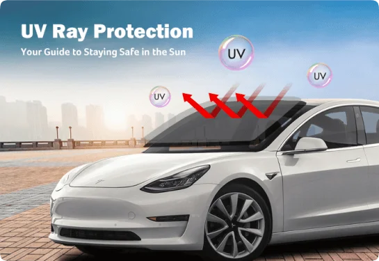 A white Tesla Model 3 with tinted windows is parked in an open area with a city skyline in the background. Red arrows and "UV" bubbles illustrate how the window tint blocks ultraviolet rays. Above, bold white text reads "UV Ray Protection," followed by the tagline "Your Guide to Staying Safe in the Sun."