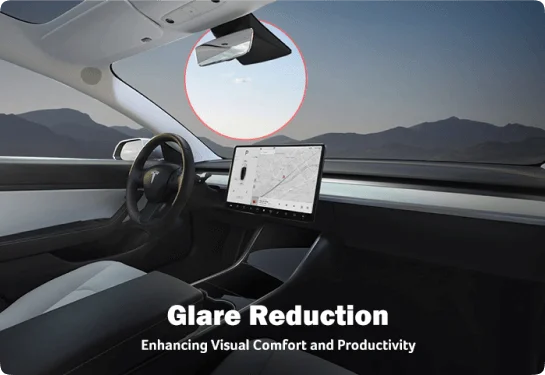 The interior of a Tesla, showcasing its sleek dashboard, steering wheel, and large touchscreen display. A red circle highlights glare on the rearview mirror, illustrating the need for glare reduction. The text overlay reads "Glare Reduction" with the tagline "Enhancing Visual Comfort and Productivity."