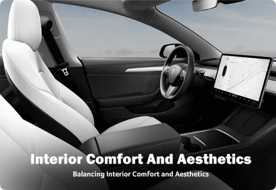 The interior of a Tesla featuring sleek black and white seats, a minimalist dashboard, and a large touchscreen display. The text overlay reads "Interior Comfort And Aesthetics" with the tagline "Balancing Interior Comfort and Aesthetics," emphasizing a premium driving experience.