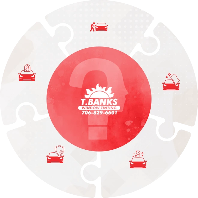 A circular puzzle-themed graphic featuring the "T. Banks Window Tinting" logo and phone number in the center, surrounded by interconnected puzzle pieces. Each piece contains a red icon representing different benefits of window tinting, such as security, aesthetic enhancement, and financial savings.