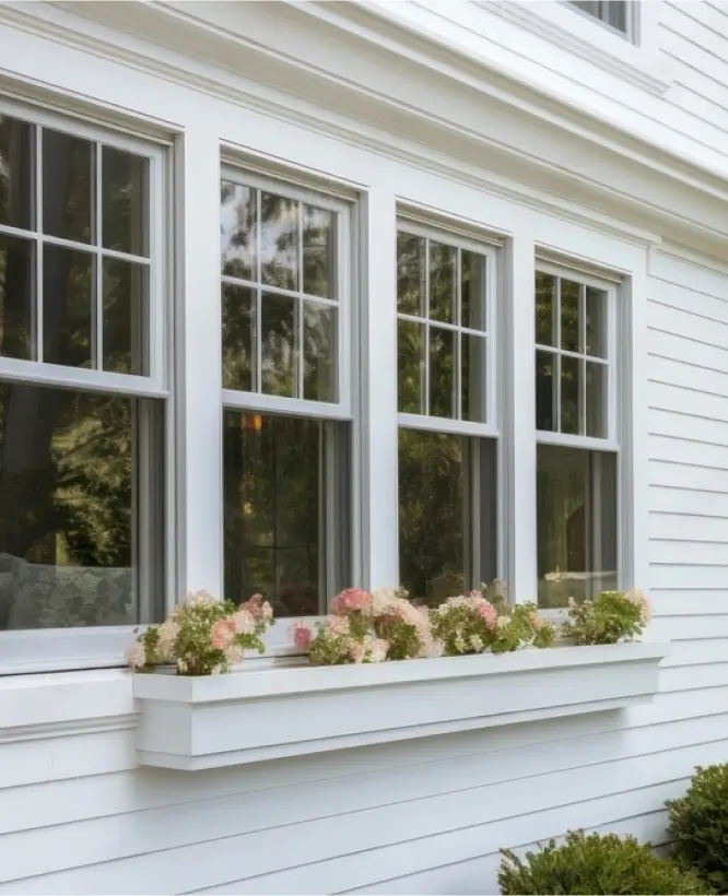A classic white house with large double-hung windows featuring decorative grilles, framed by white trim. A charming window box filled with blooming pink and white flowers adds a touch of warmth and elegance to the exterior.