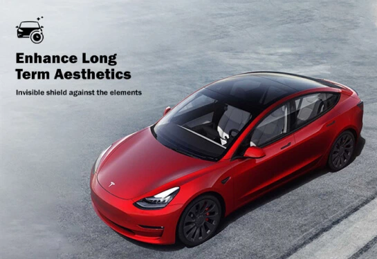 A stunning red Tesla Model 3 with a glossy finish is captured from an aerial angle, highlighting its sleek design and black roof. The text overlay reads "Enhance Long Term Aesthetics" with the tagline "Invisible shield against the elements," emphasizing paint protection.