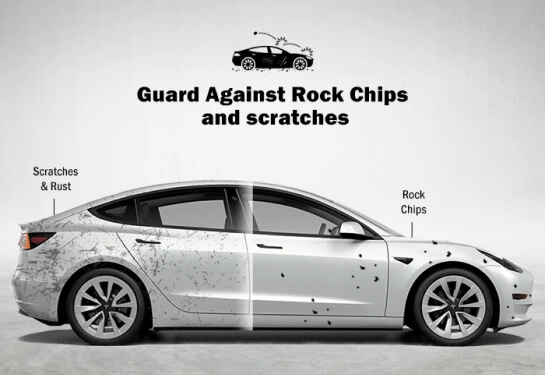 A side-by-side comparison of a Tesla Model 3, illustrating the effects of rock chips, scratches, and rust on an unprotected surface versus a clean, well-maintained side with protective coating. The left side of the car shows visible damage and wear, while the right side remains pristine. The text above emphasizes protection against rock chips and scratches.