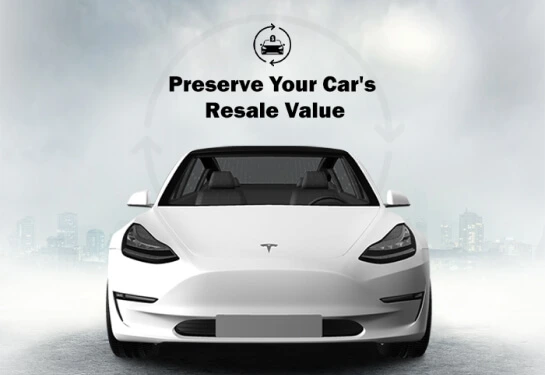 A white Tesla Model 3 viewed from the front, set against a misty cityscape background. Above the car, bold text reads "Preserve Your Car's Resale Value" with a circular icon of a car and dollar sign surrounded by arrows, emphasizing the concept of maintaining vehicle value.