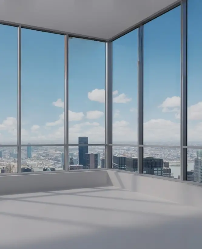 A modern, empty room with floor-to-ceiling glass windows offering a panoramic view of a city skyline. The windows allow ample natural light to flood the space, casting soft shadows on the light-colored floor. The clear blue sky with scattered clouds enhances the bright and airy atmosphere.