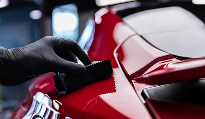 A close-up of a professional detailer wearing black gloves, applying a ceramic coating to the glossy red surface of a sports car using a microfiber applicator. The deep reflections highlight the smooth, polished finish of the paint.