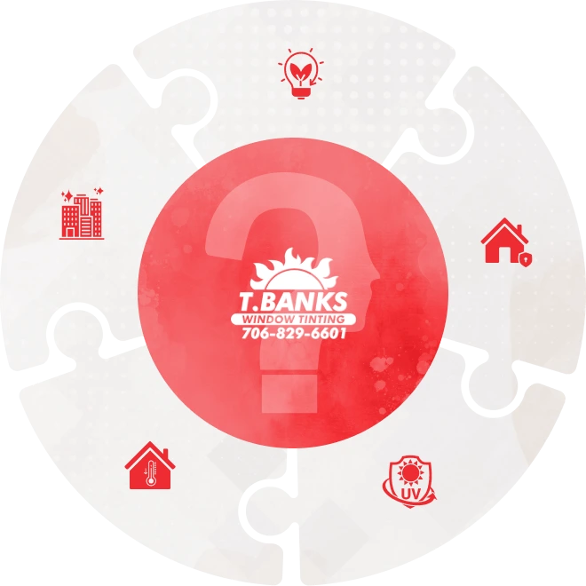 A circular puzzle-themed graphic with the T. Banks Window Tinting logo and phone number at the center. Surrounding puzzle pieces feature red icons representing benefits of window tinting, including UV protection, energy efficiency, residential and commercial applications, and enhanced comfort.