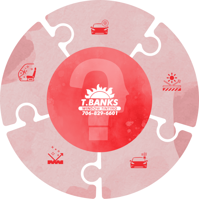 A circular puzzle graphic with six interlocking pieces, featuring icons related to automotive services such as a car with a shield, sun protection, seat cleaning, scratch repair, and temperature control. In the center is a red circle with a large question mark, containing the logo for "T. BANKS WINDOW TINTING" along with the phone number "706-829-6601."