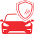 A red icon of a car with a shield positioned over its front right side, symbolizing vehicle protection or safety. The shield features diagonal lines, often representing layers of security or protective film.