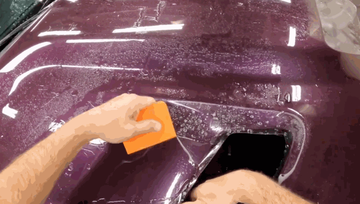 Hands smoothing paint protection film over the hood of a purple car using an orange squeegee.