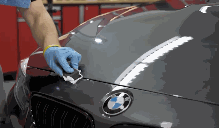 A person wearing blue gloves applies ceramic coating to the hood of a dark gray BMW using an applicator pad.