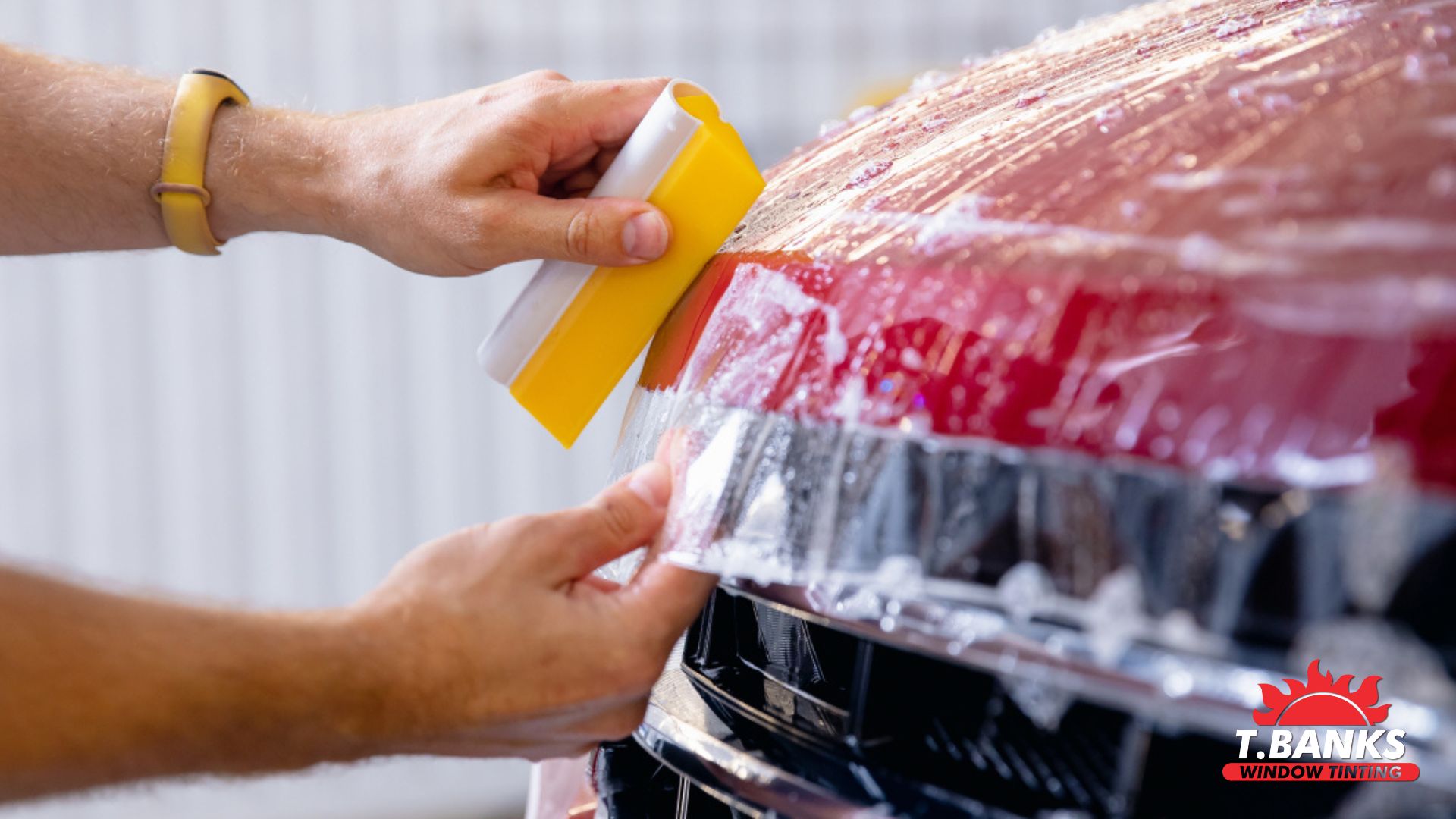 Close-up of a technician applying paint protection film (PPF) to the front bumper of a red vehicle at T. Banks Window Tinting.
