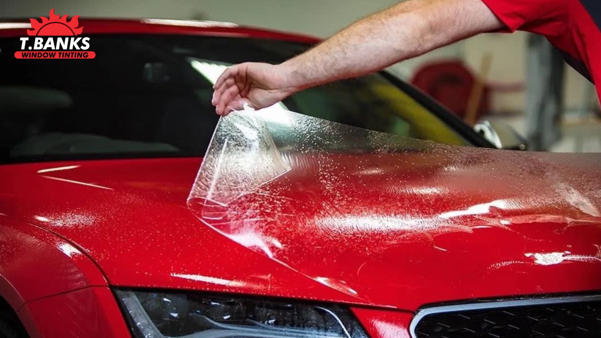 A technician applies a clear paint protection film to the hood of a shiny red car, using water to position the film before final installation.
