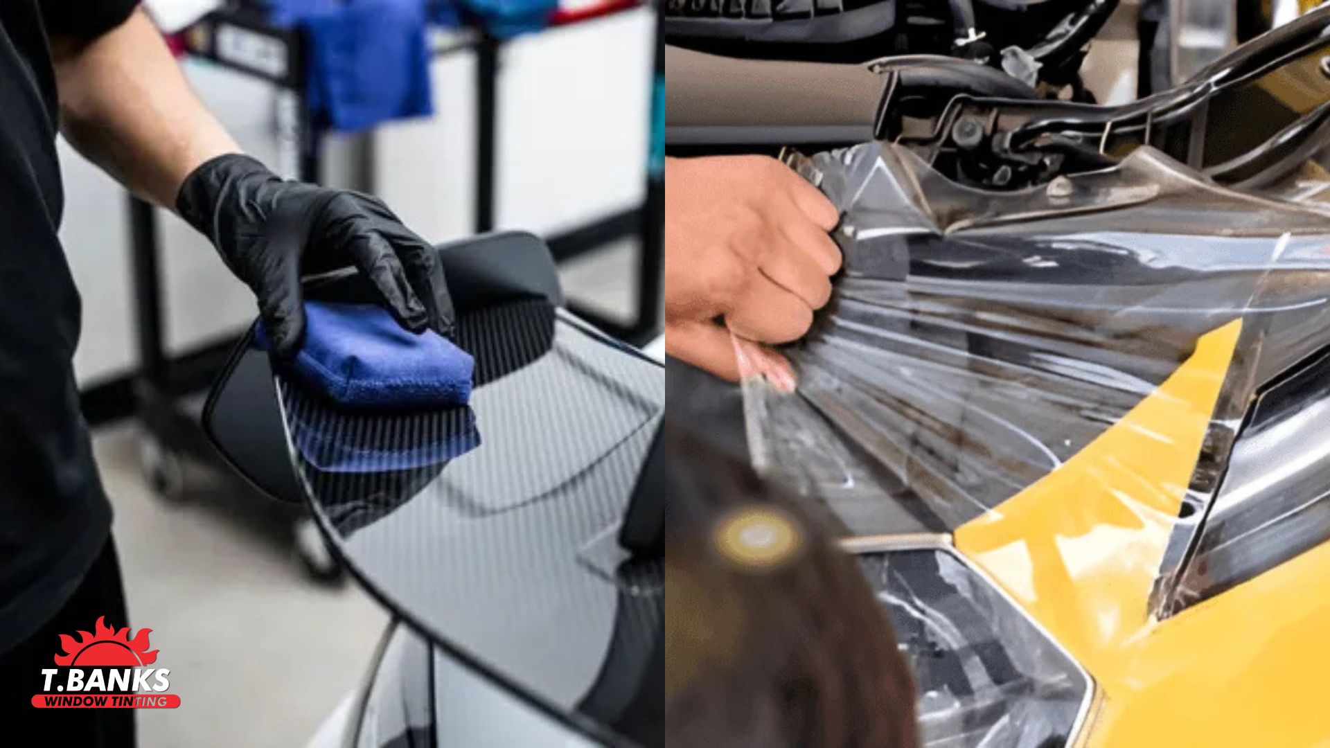 Side by side comparison showing a technician polishing a car window and another installing paint protection film on a yellow vehicle panel. The image illustrates the difference between surface coating and protective film installation.