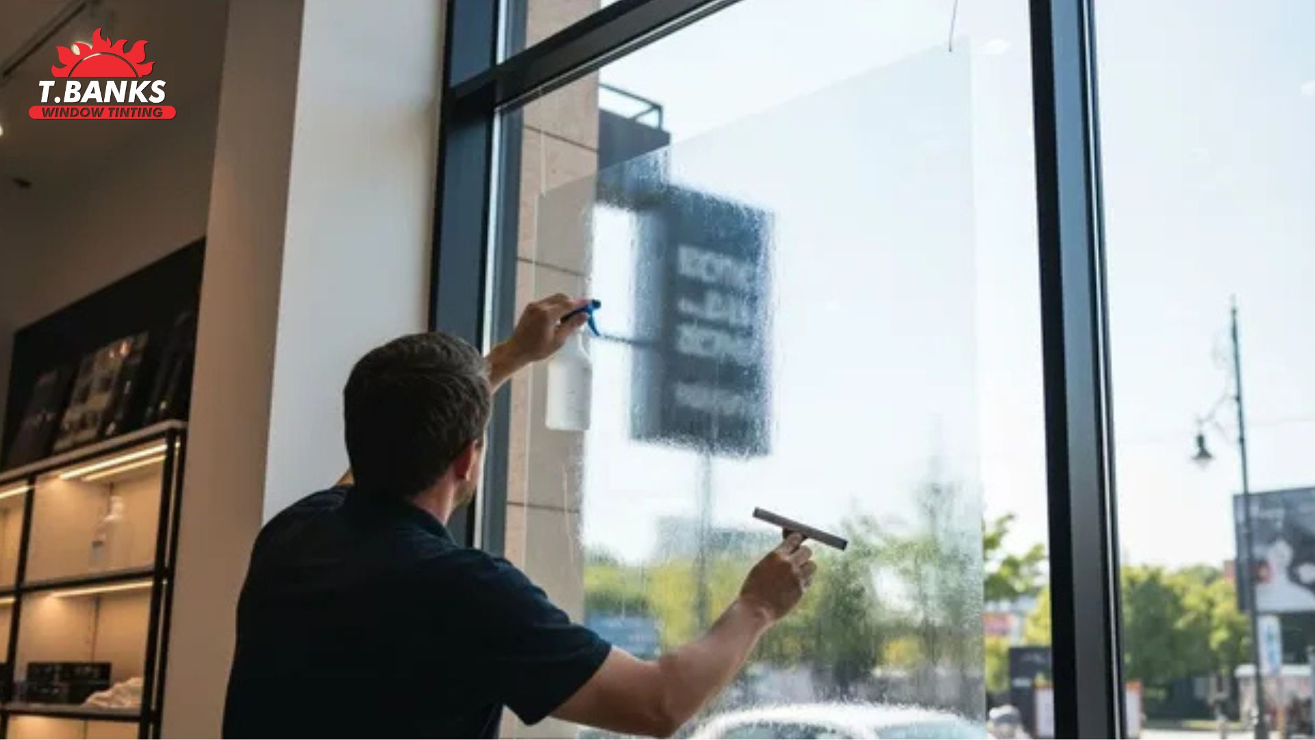 Technician applies commercial window tint to a large storefront window using a spray bottle and squeegee.