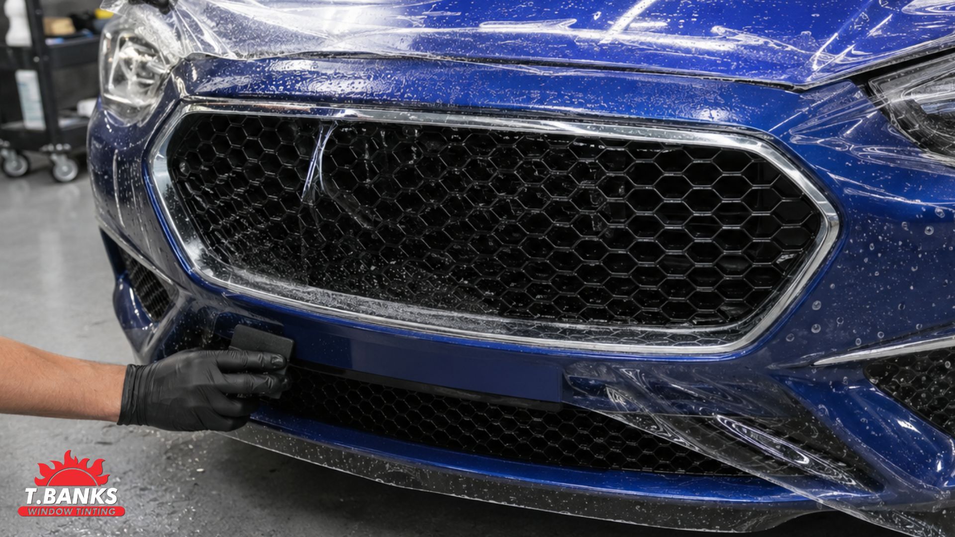 A technician applies paint protection film across the front bumper and grille of a blue vehicle. The text "T.BANKS WINDOW TINTING" appears in the bottom left corner.