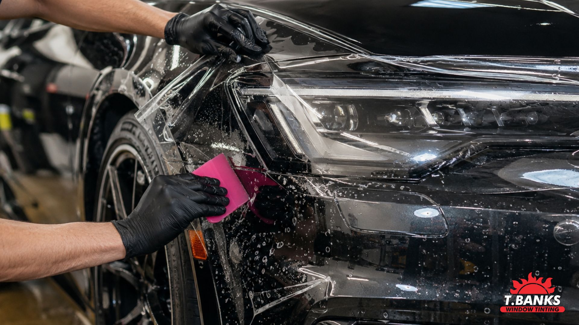 Technician applying paint protection film to the front bumper and headlight area of a black vehicle with a pink squeegee.