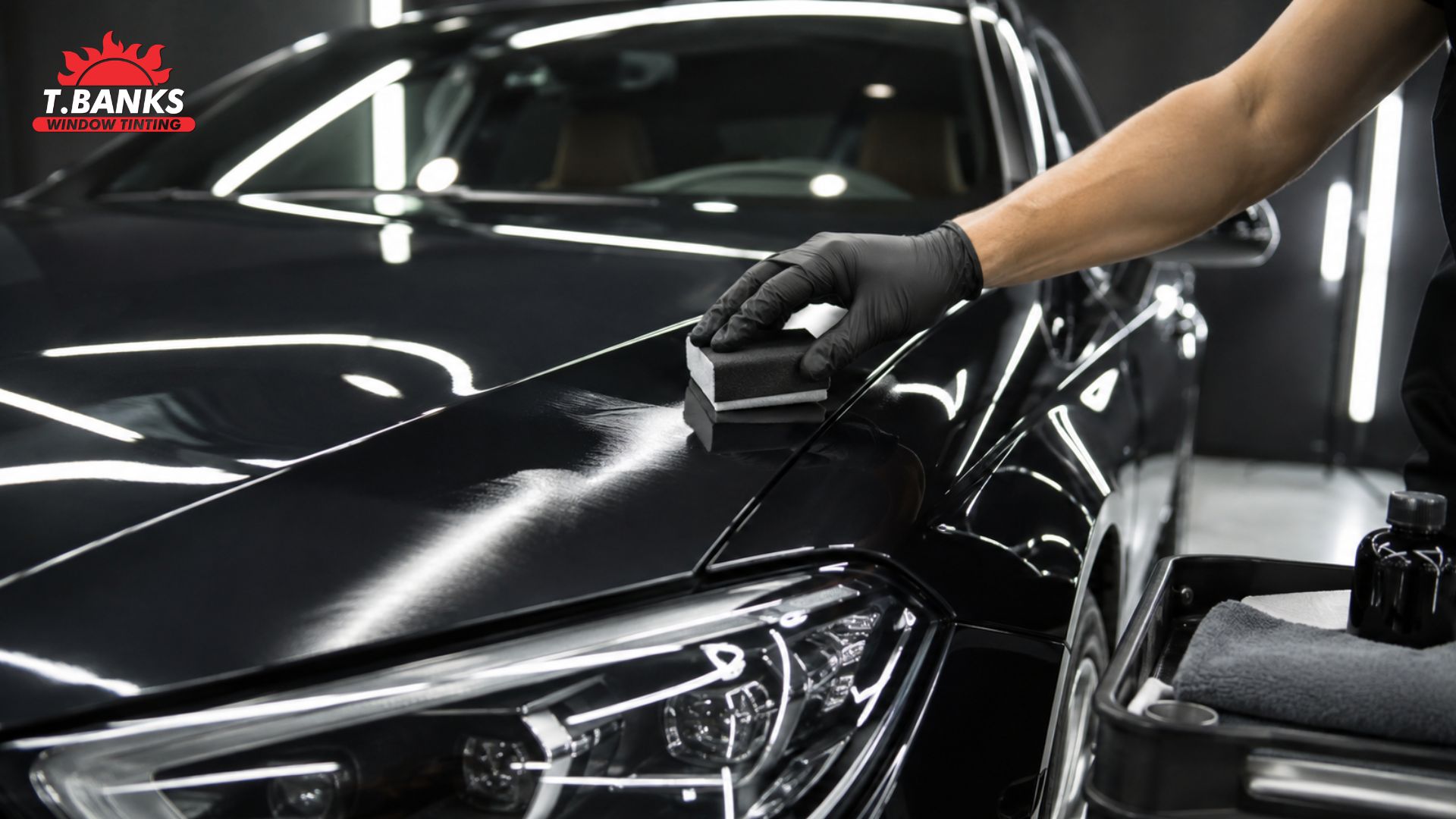 Technician applies ceramic coating to the hood of a black car with an applicator pad.