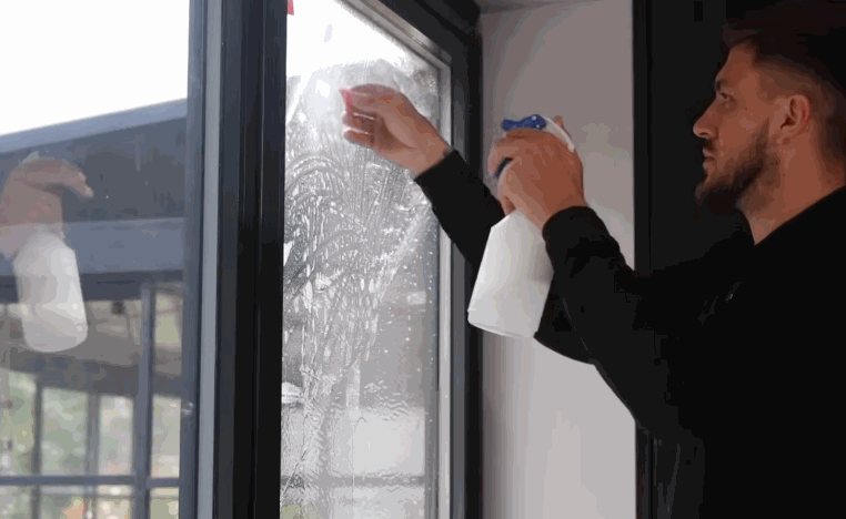 Installer sprays a glass door while preparing the surface for home window tint application.