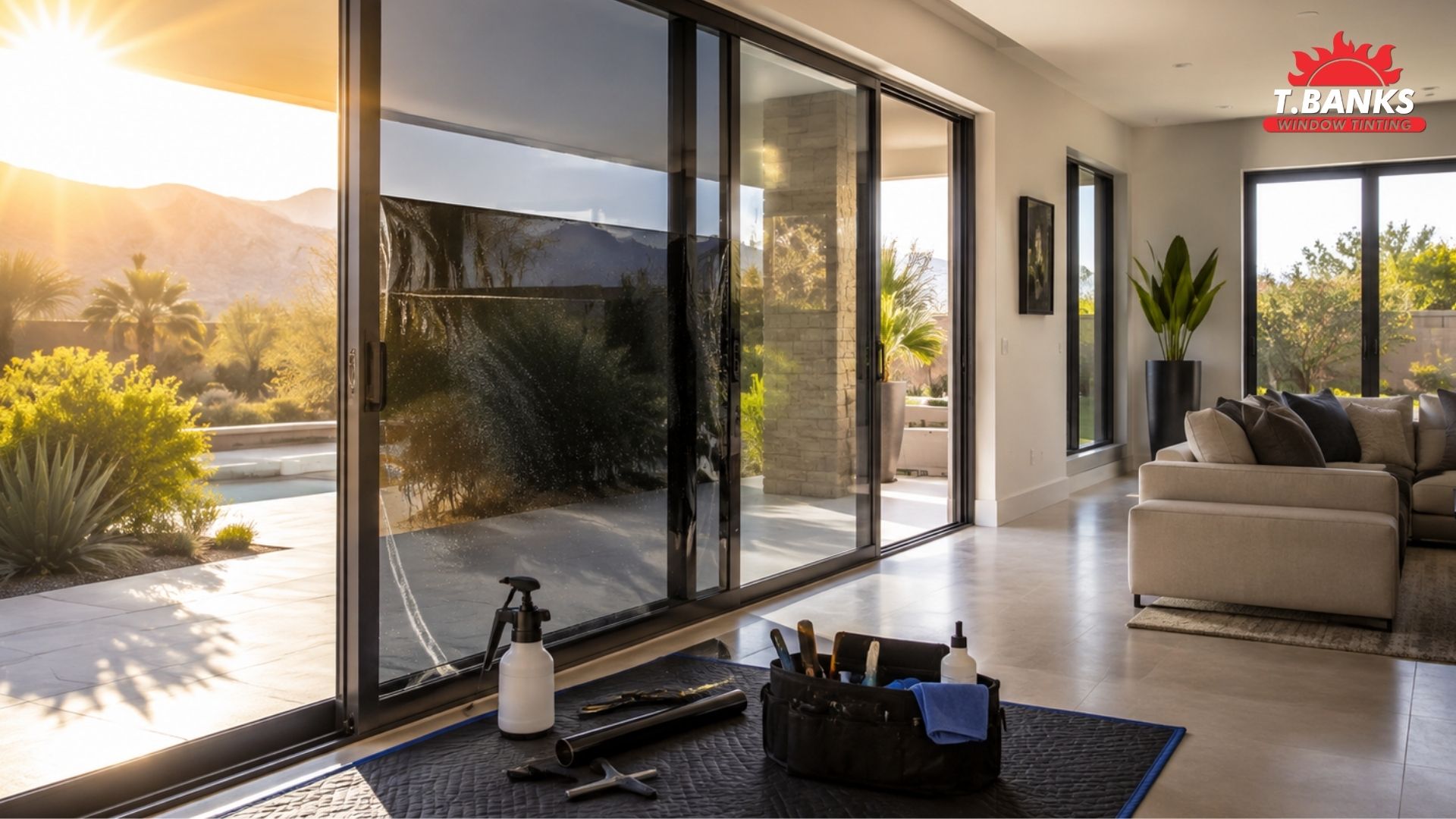 Home window tint is installed on large sliding glass doors in a bright living room with mountain views outside.