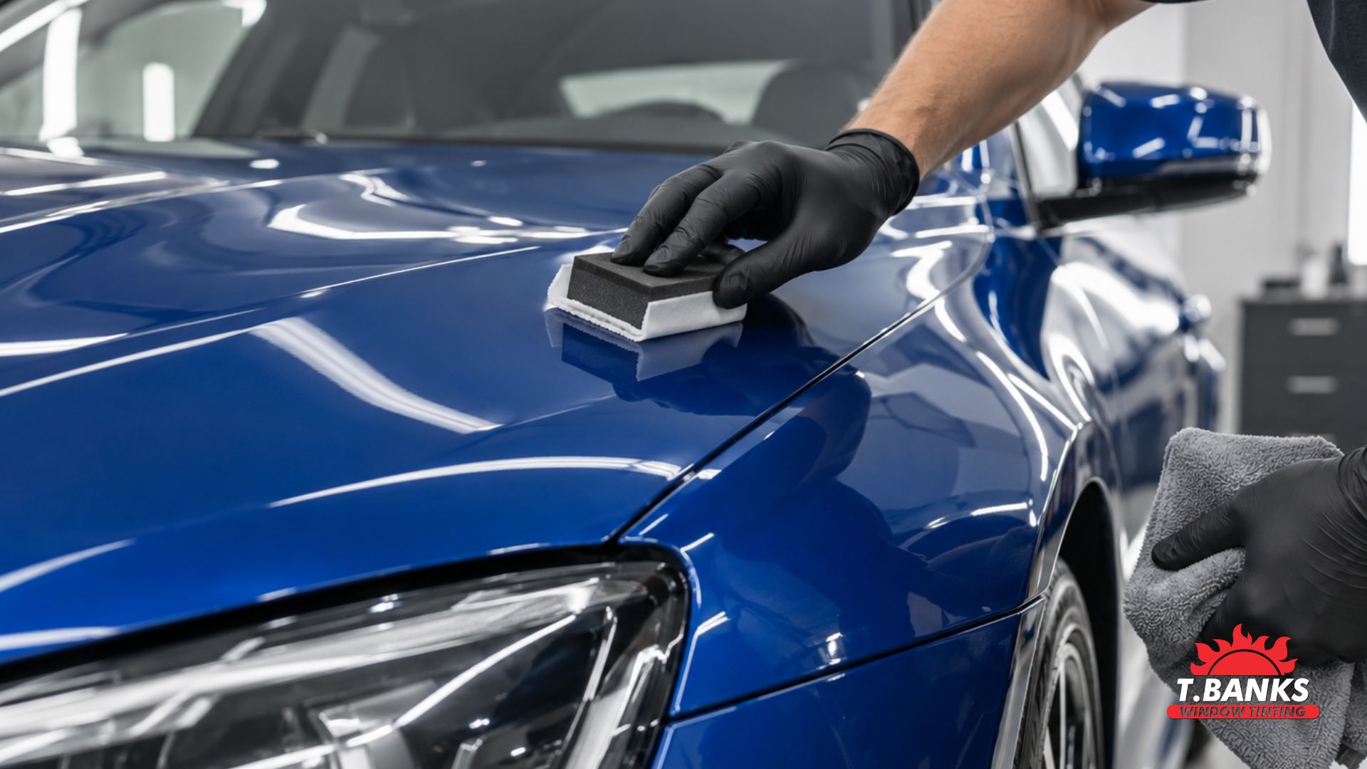 Detailer applies ceramic coating to a glossy blue car hood with an applicator pad while holding a microfiber towel.
