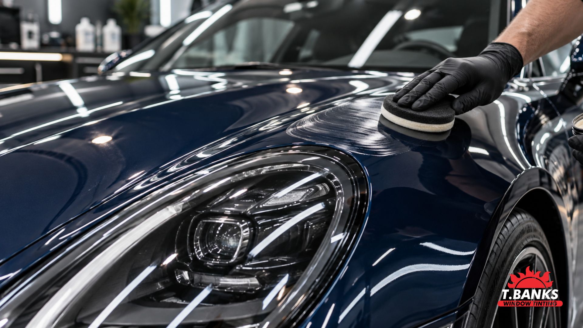 Detailer wearing a black glove applies a product by hand to the dark blue hood of a sports car using a round applicator pad.